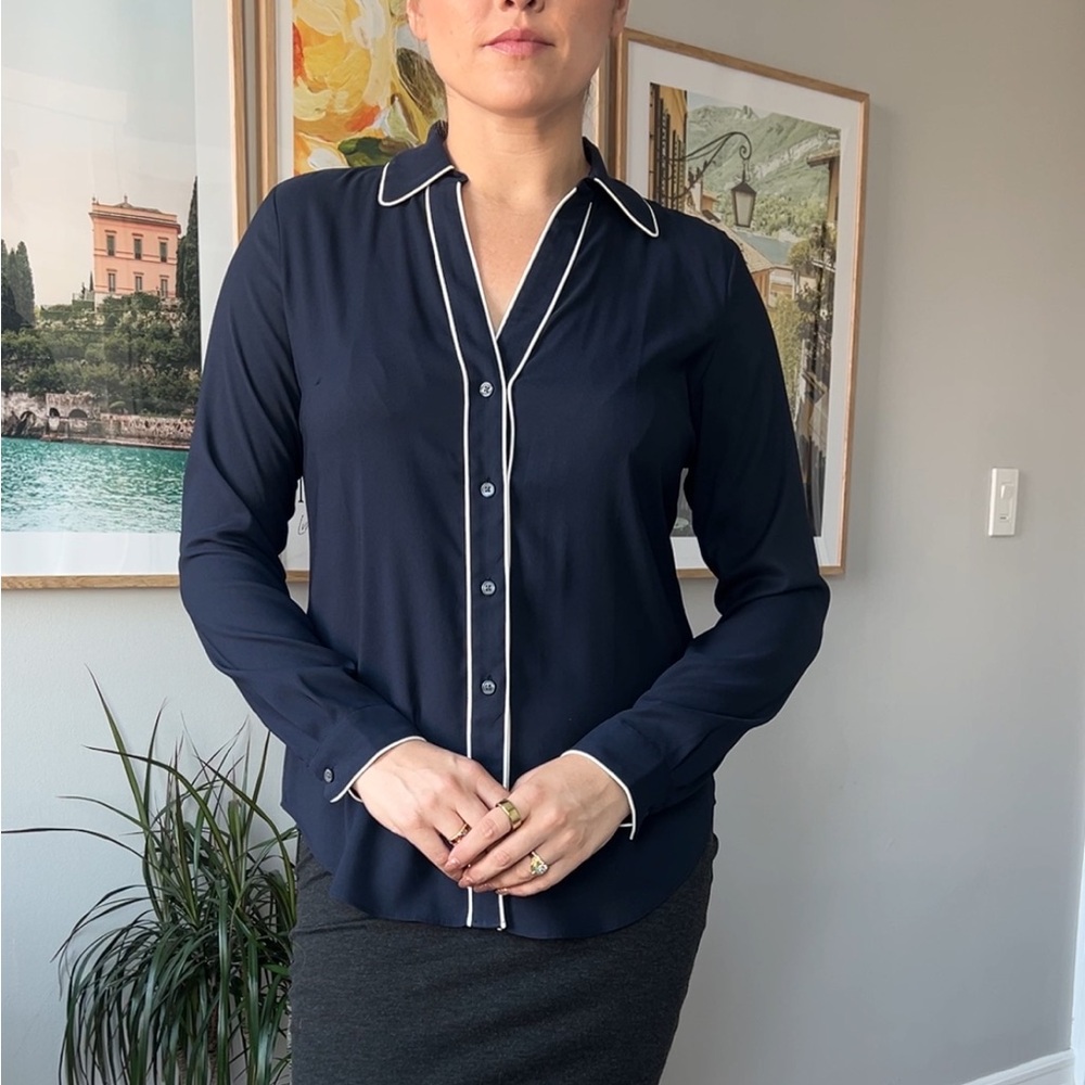 Ann Taylor Navy Blouse with White Piping